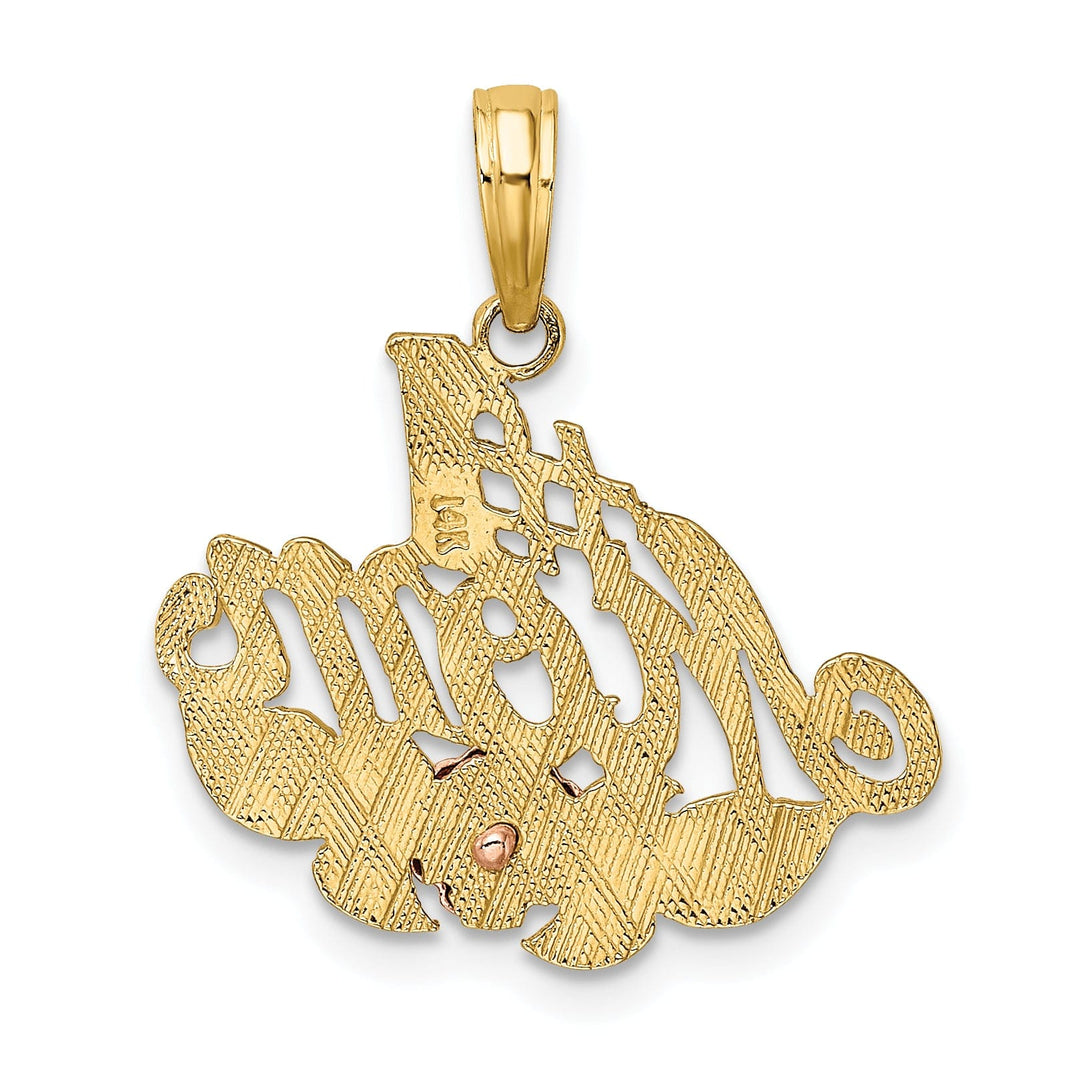 14K Two Tone Gold, White Rhodium Textured Polished Finish Script #1 MOTHER with Leaf, Flower Design Charm Pendant