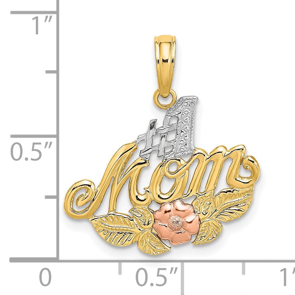 14K Two Tone Gold, White Rhodium Textured Polished Finish Script #1 MOTHER with Leaf, Flower Design Charm Pendant
