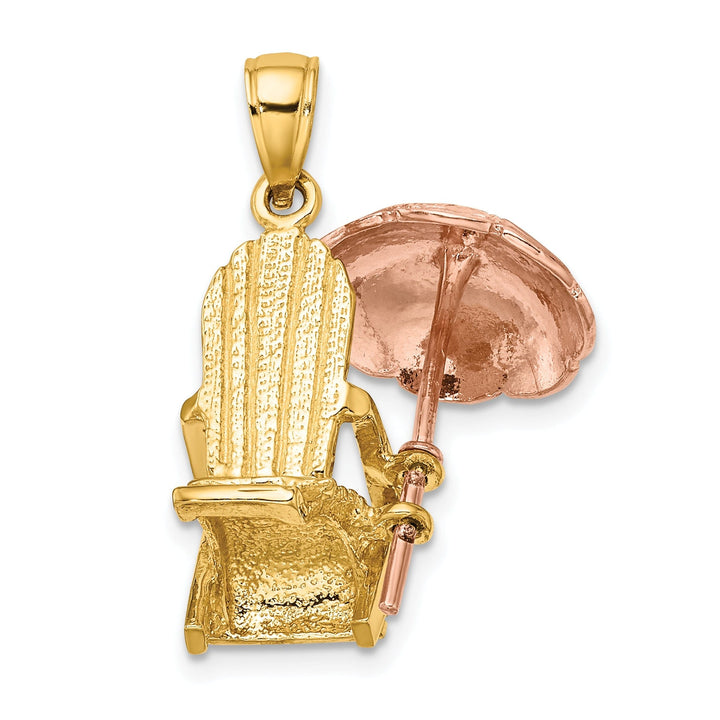 14K Yellow, Rose Gold Polished Finish 3-Dimensional Beach Chair with Umbrella Charm Pendant