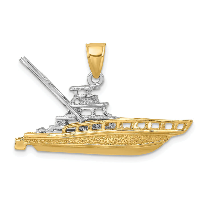 14k Two-Tone Gold Textured Polished Finish 3-Dimensional Offshore Sportfishing Boat Charm Pendant