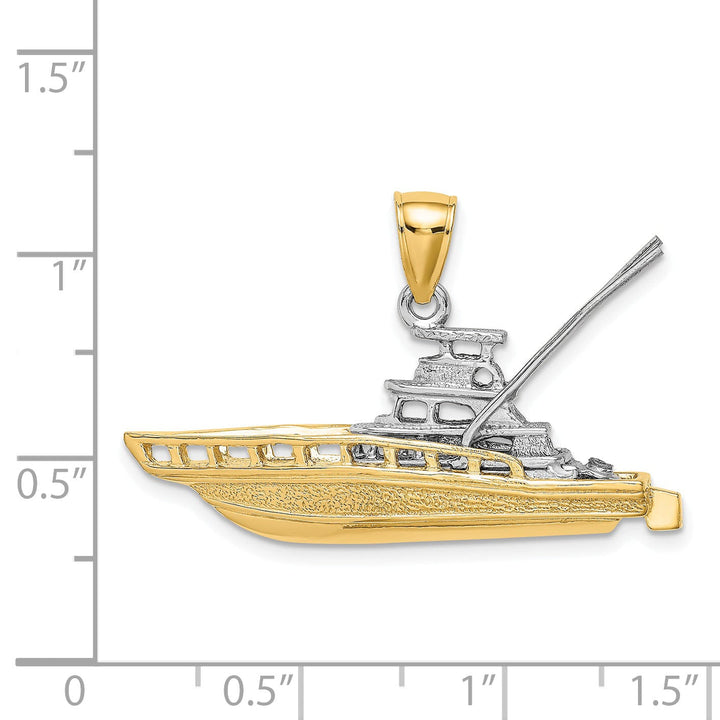 14k Two-Tone Gold Textured Polished Finish 3-Dimensional Offshore Sportfishing Boat Charm Pendant