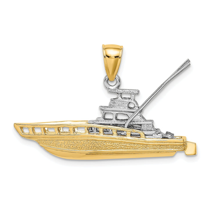 14k Two-Tone Gold Textured Polished Finish 3-Dimensional Offshore Sportfishing Boat Charm Pendant