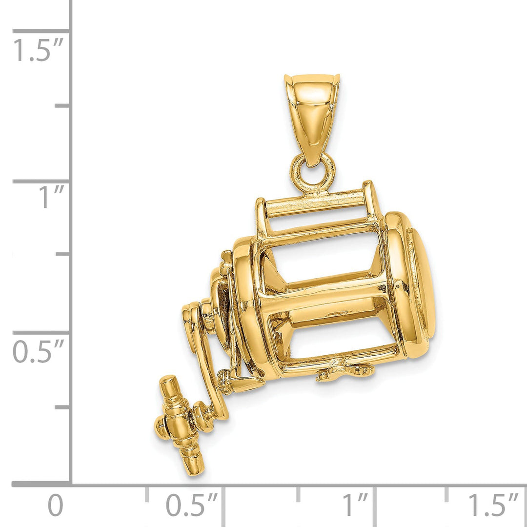 14K Yellow Gold Moveable 3-Dimensional Fishing Reel Pendant