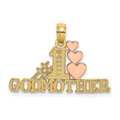 14K Two Tone Gold Textured Polished Finish #1 GODMOTHER With Triple Hearts Design Charm Pendant