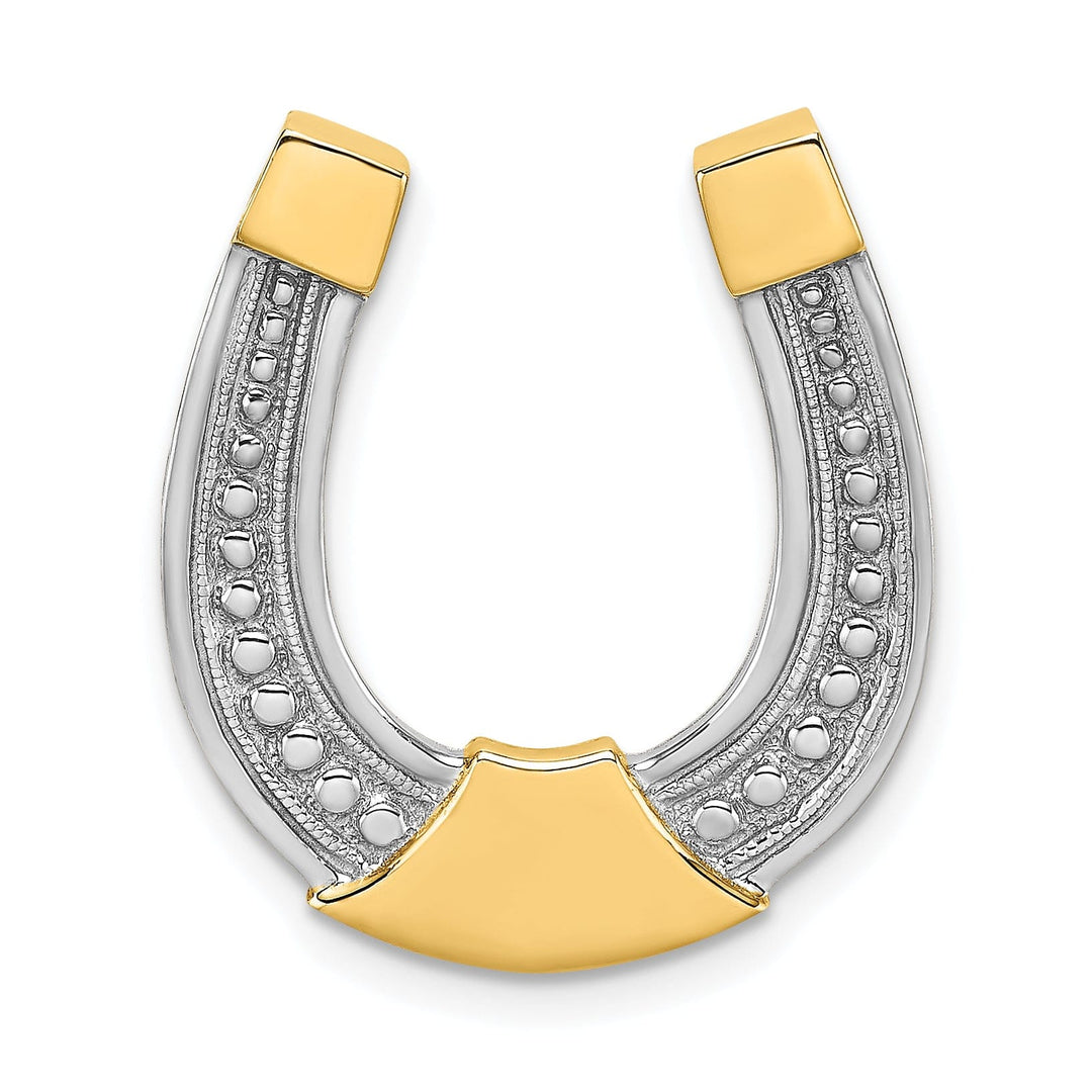 14k Yellow Gold White Rhodium Textured Polished Finish Horseshoe Chain Slide Charm Pendant will not fit omega chain