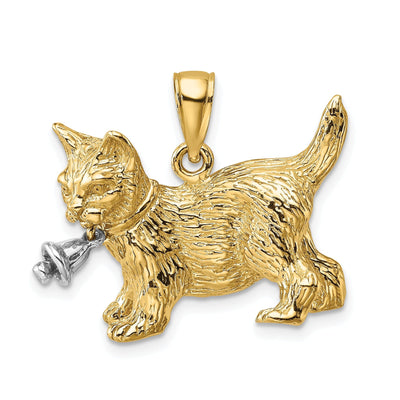 14kTwo-Tone Gold Textured Polished Finish Moveable Dangling Bell Cat Design Charm Pendant at $ 645.66 only from Jewelryshopping.com