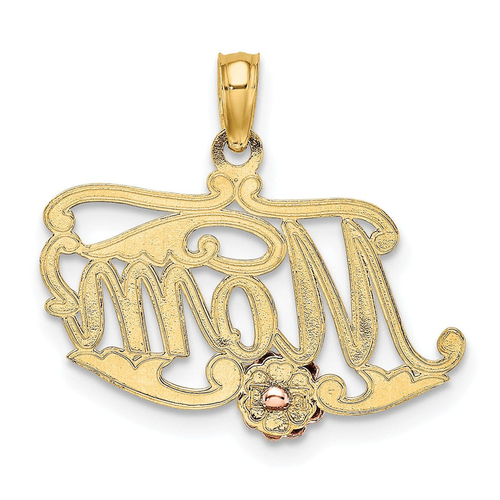 14k Two Tone Gold Polished Finish MOM Script with Flower Design Charm Pendant
