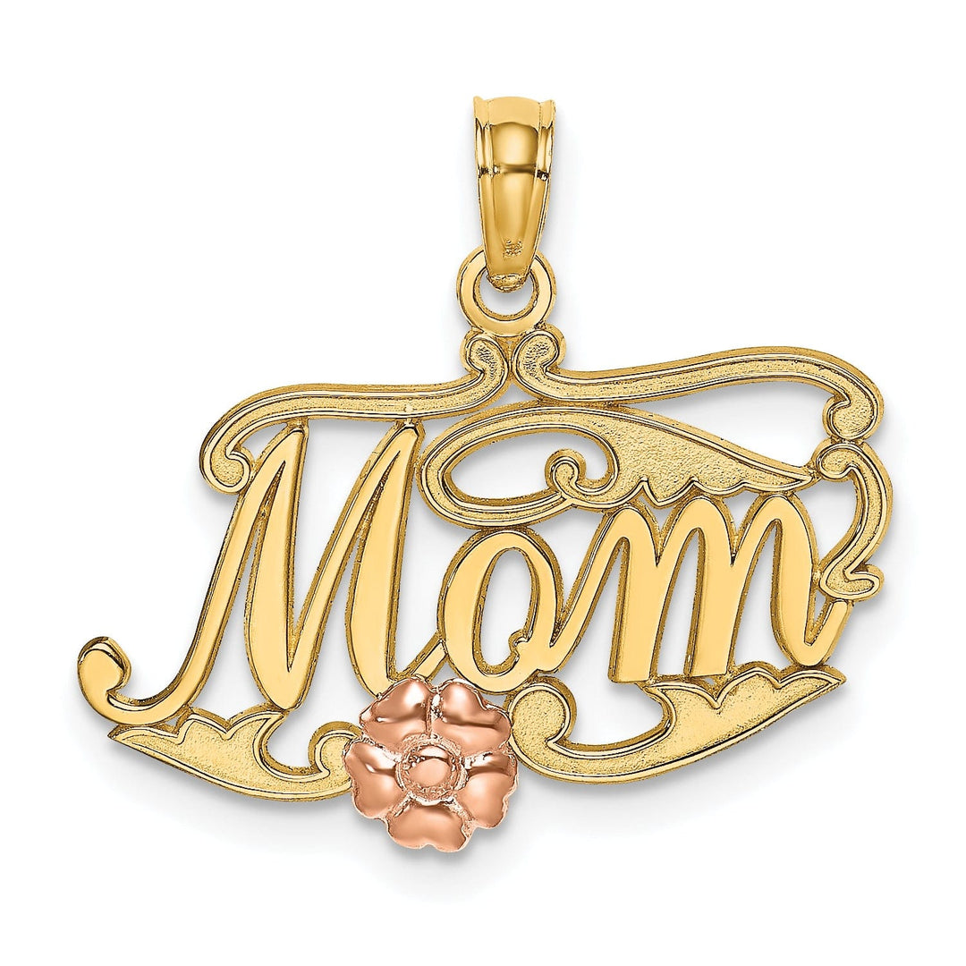 14k Two Tone Gold Polished Finish MOM Script with Flower Design Charm Pendant