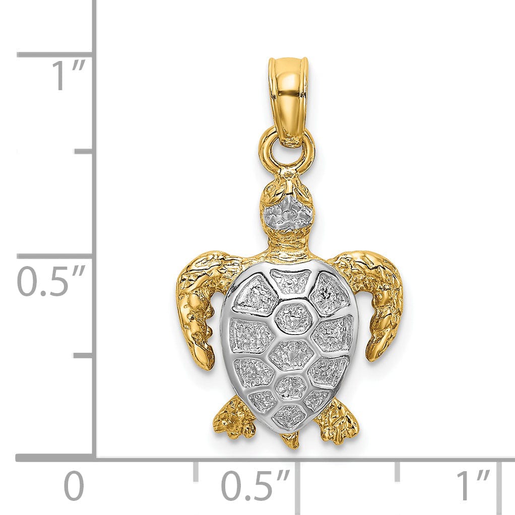 14k Yellow Gold with White Rhodium Solid Casted Polished Finish Swimming Sea Turtle Charm Pendant