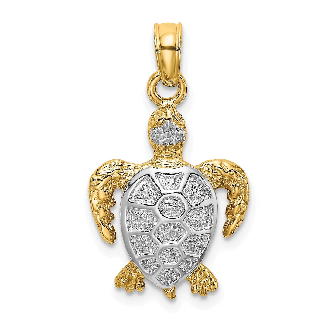 14k Yellow Gold with White Rhodium Solid Casted Polished Finish Swimming Sea Turtle Charm Pendant