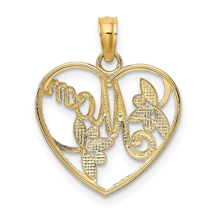 14k Yellow Gold, White Rhodium Textured Polished Finish Heart with Leaf Design MOM Charm Pendant