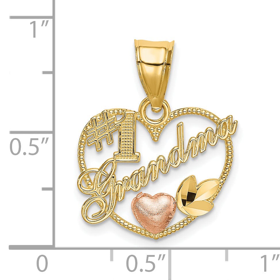 14k Two-Tone Gold Polished Beaded Texture Finish #1 GRANDMA In Heart Shape Frame Charm Pendant