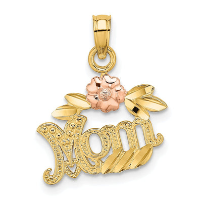 14k Two-Tone Gold Polished Textured Finish Scroll with Flower Design MOM Charm Pendant