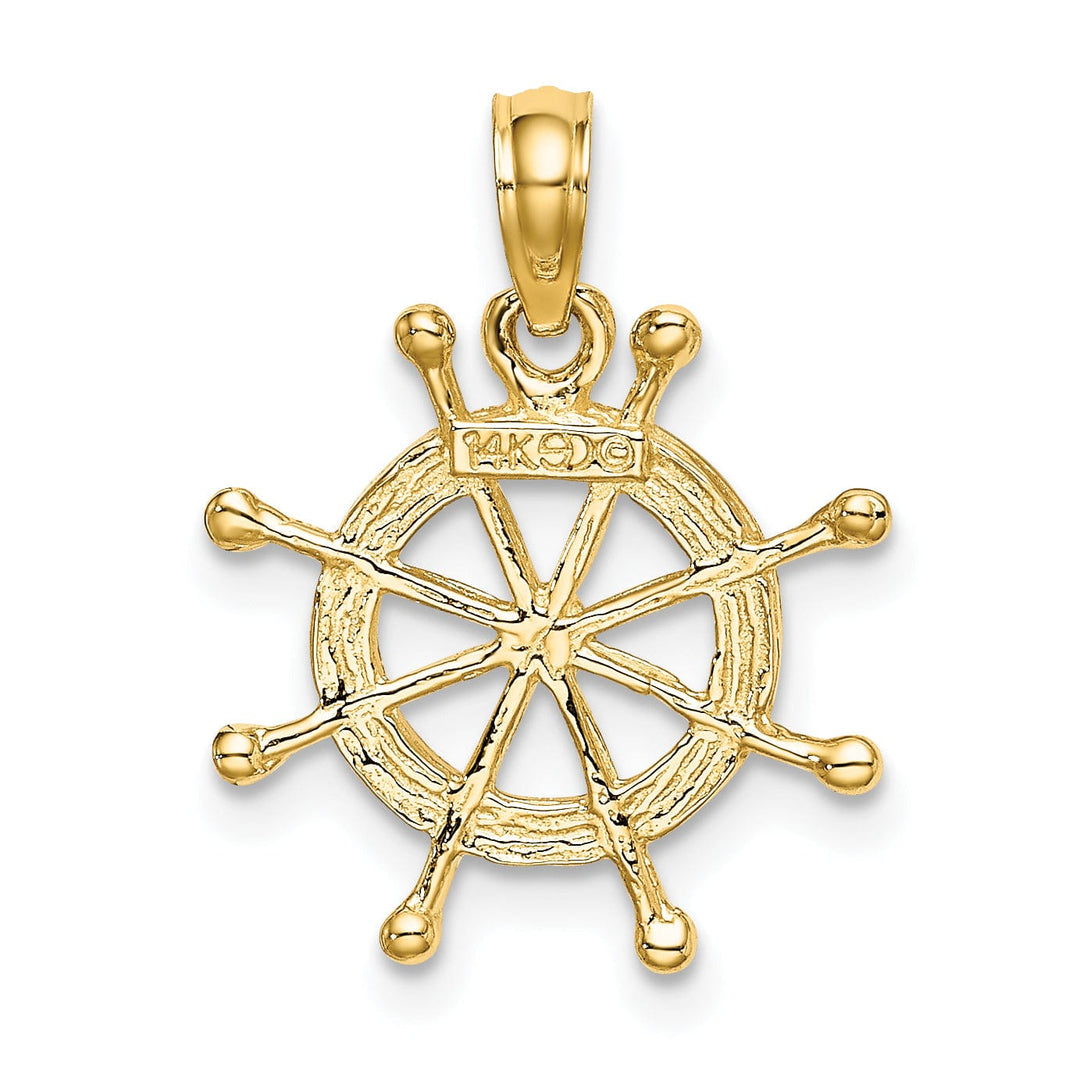 14K Yellow Gold White Rhodium Polished Finish 2-D Ship Wheel Charm