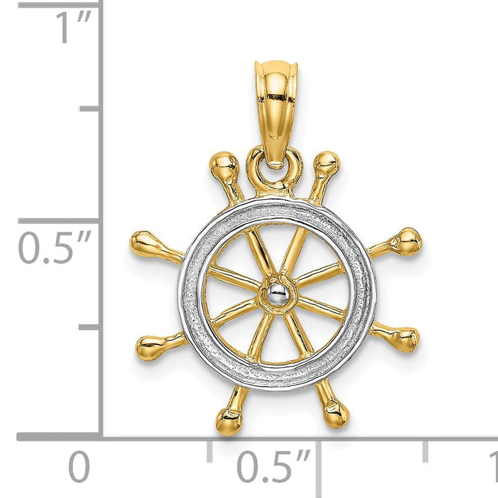 14K Yellow Gold White Rhodium Polished Finish 2-D Ship Wheel Charm
