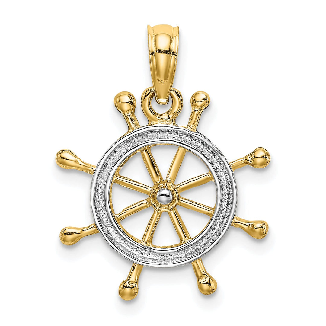 14K Yellow Gold White Rhodium Polished Finish 2-D Ship Wheel Charm