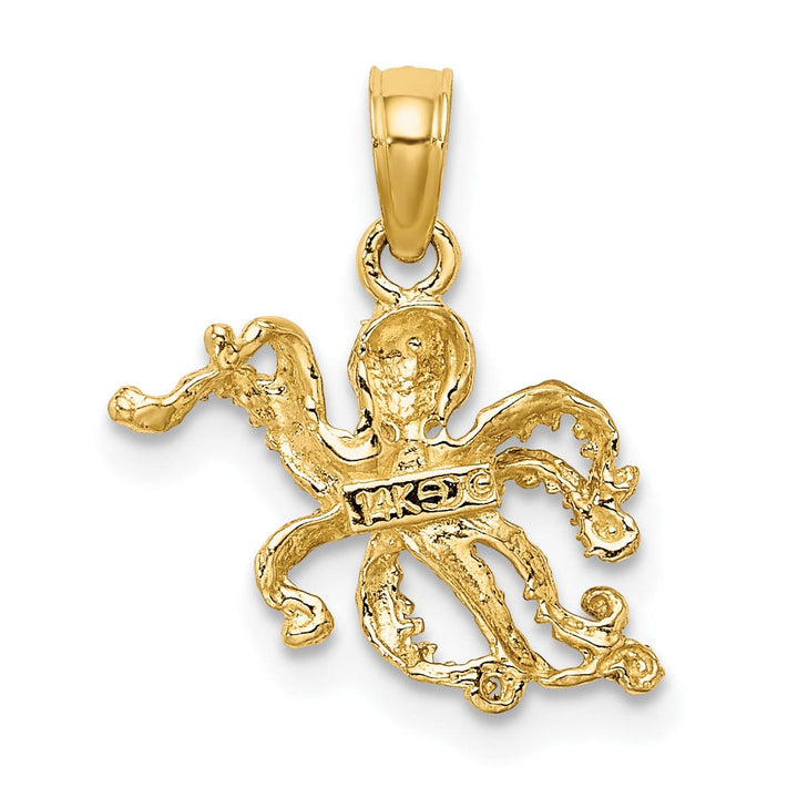 14K Yellow Gold with Rhodium Casted Textured Solid Polished Finish Octopus Charm Pendant