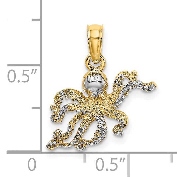 14K Yellow Gold with Rhodium Casted Textured Solid Polished Finish Octopus Charm Pendant