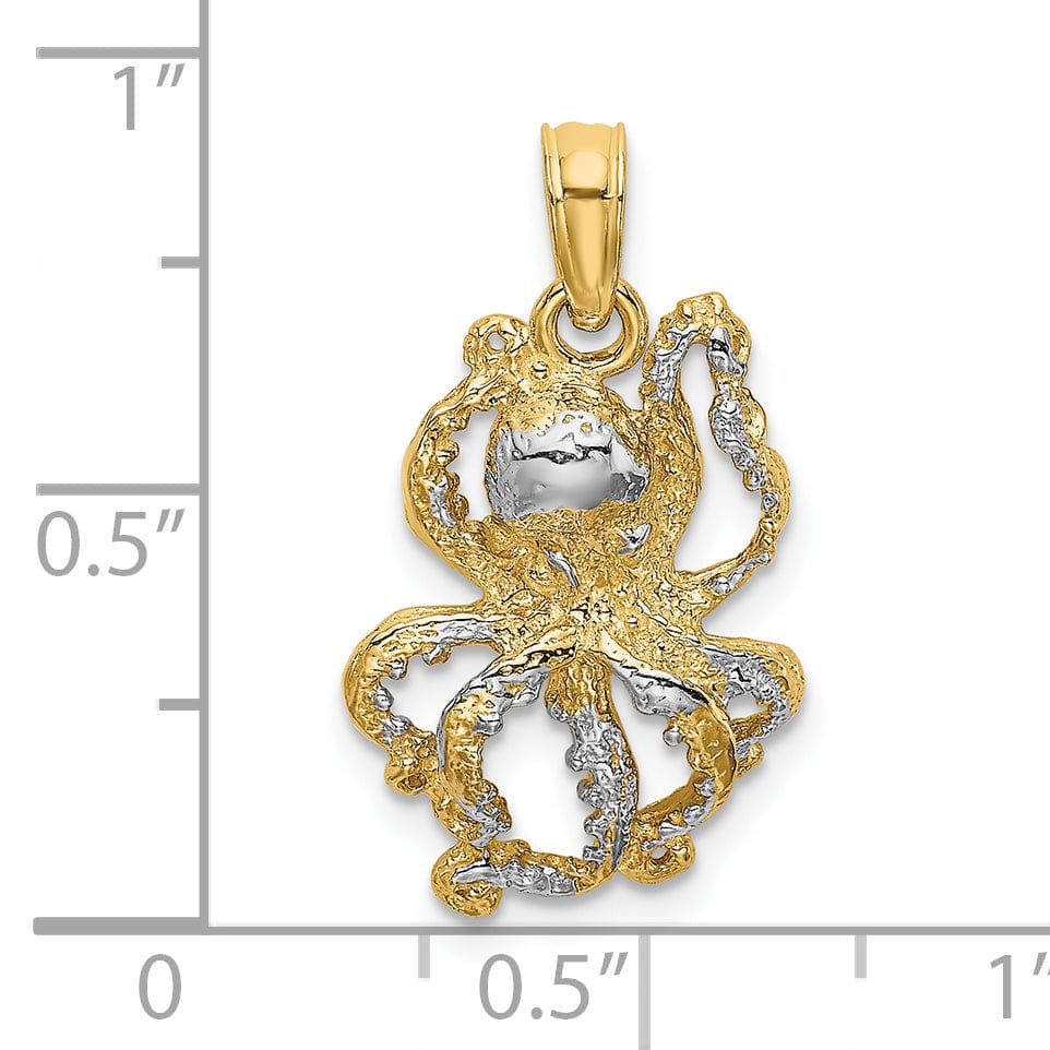 14K Yellow Gold with White Rhodium Casted Solid Textured Polished Finish Octopus Charm Pendant