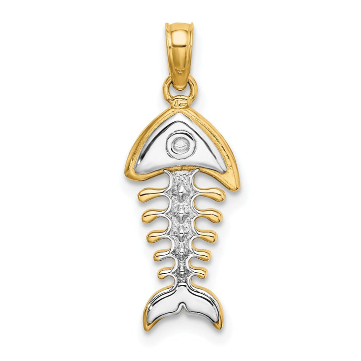 14K Yellow Gold White Rhodium Texture Polished 3-D Fishbone Charm