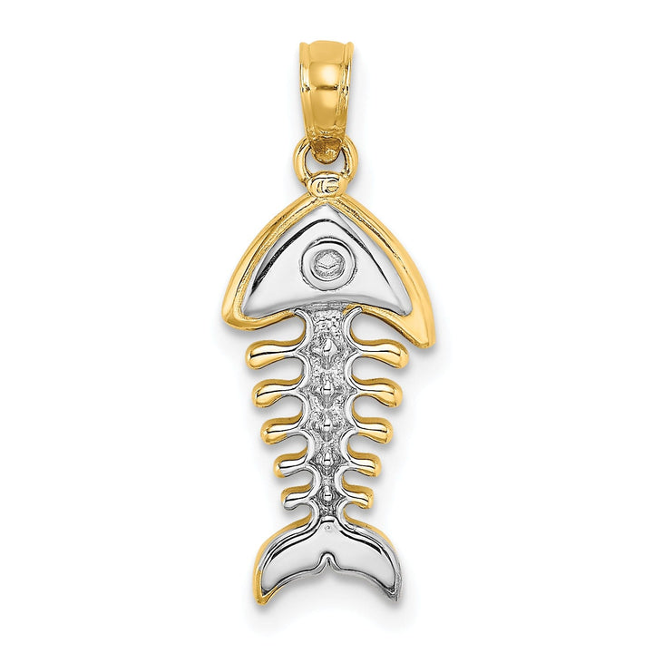 14K Yellow Gold White Rhodium Texture Polished 3-D Fishbone Charm