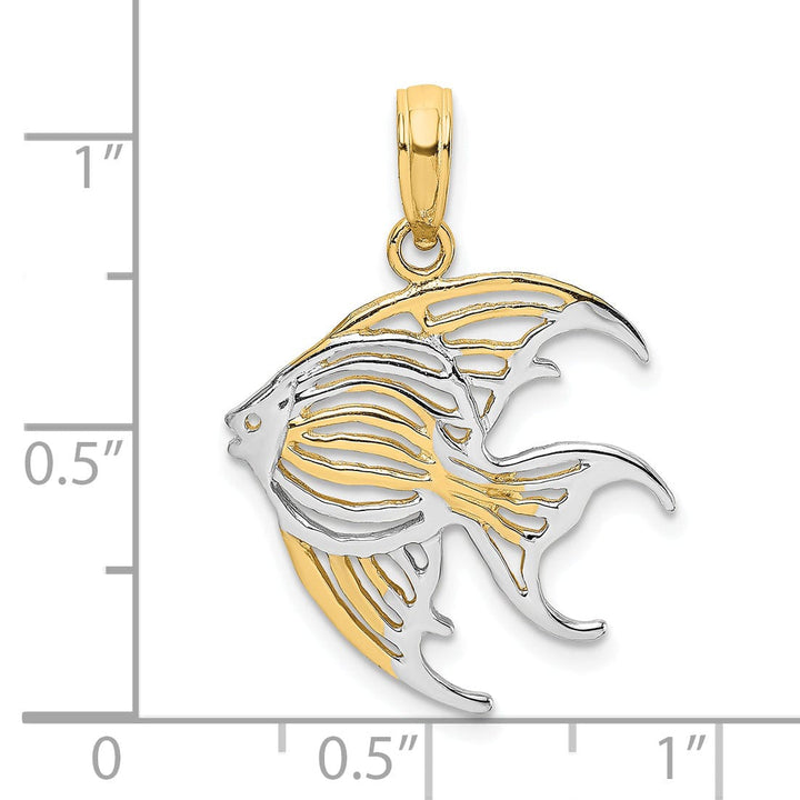 14K Yellow Gold White Rhodium Textured Polished Finish ANGELFISH Cut Out Design Charm Pendant