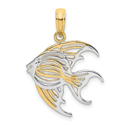 14K Yellow Gold White Rhodium Textured Polished Finish ANGELFISH Cut Out Design Charm Pendant