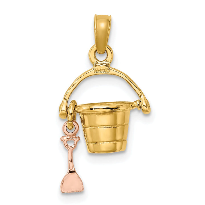 14k Yellow, Rose Gold Polished Finish 3-Dimensional Moveable Beach Pail with Shovel Charm Pendant