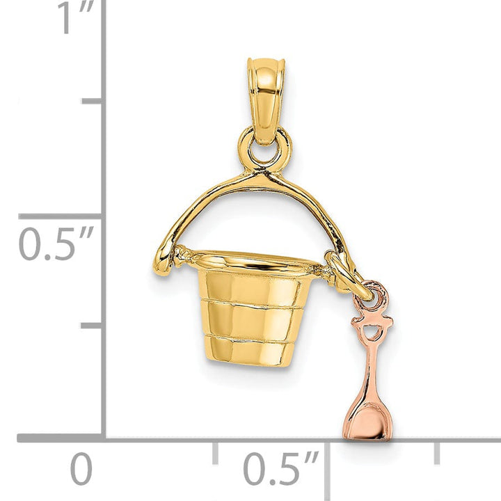 14k Yellow, Rose Gold Polished Finish 3-Dimensional Moveable Beach Pail with Shovel Charm Pendant