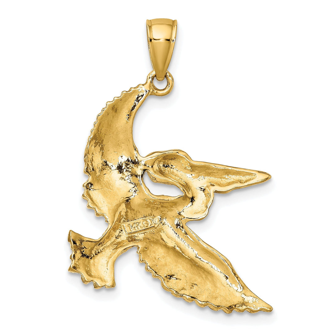 14K Yellow Gold White Rhodium Polished Texture Finish Pelican in Flight Charm Pendant