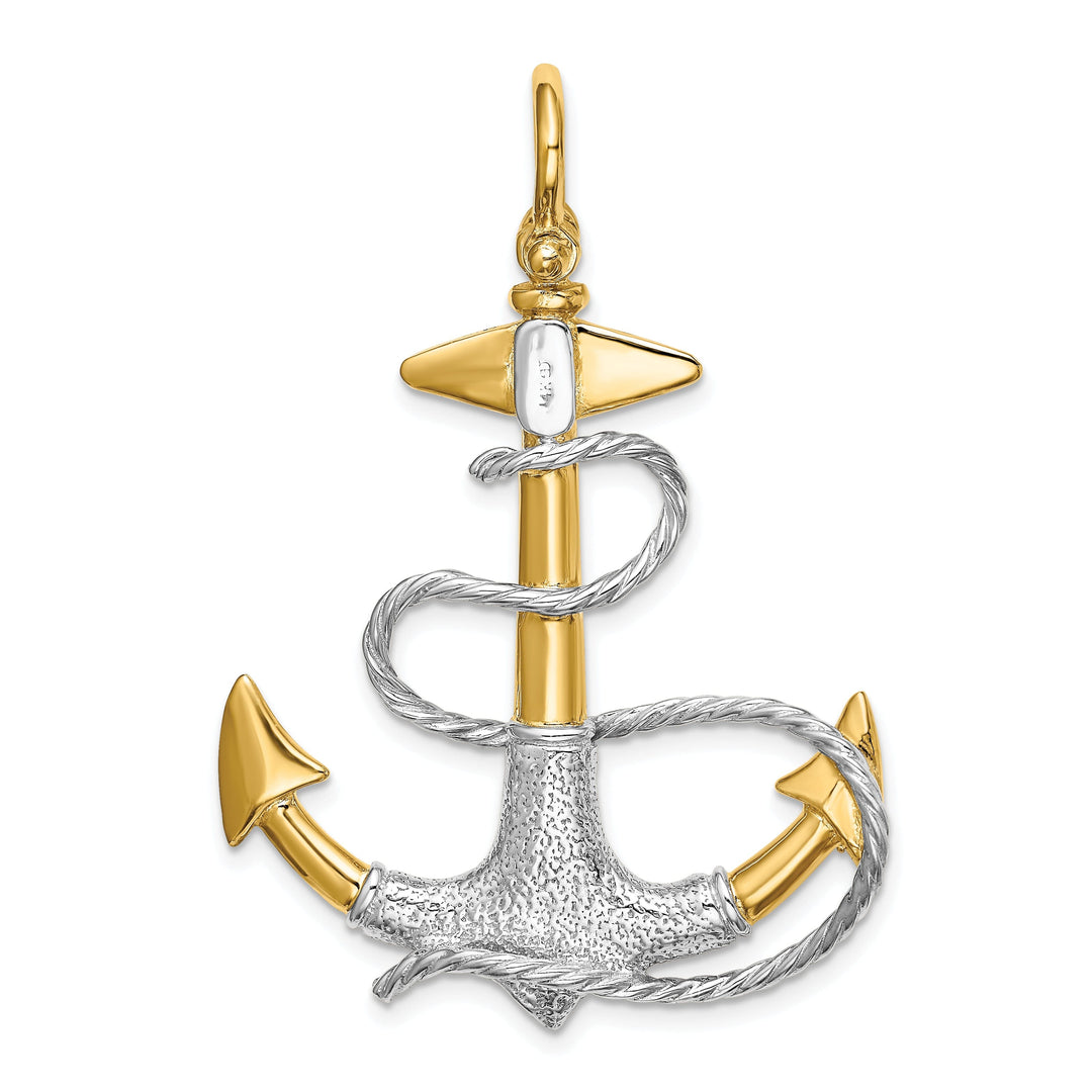 14K Two Tone Gold 3-Dimensional Textured Polished Finish Anchor with white Rope design and Shackle Bail Charm Pendant