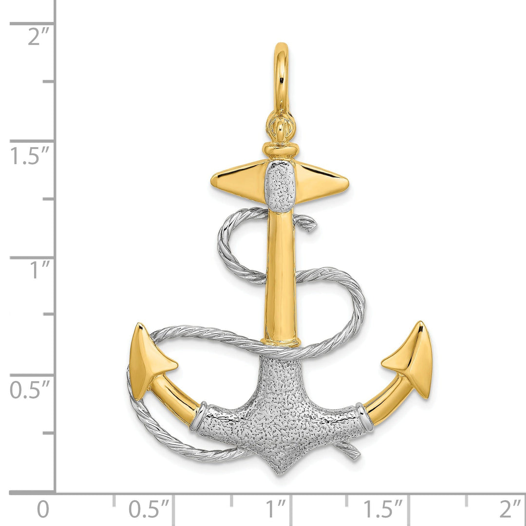 14K Two Tone Gold 3-Dimensional Textured Polished Finish Anchor with white Rope design and Shackle Bail Charm Pendant