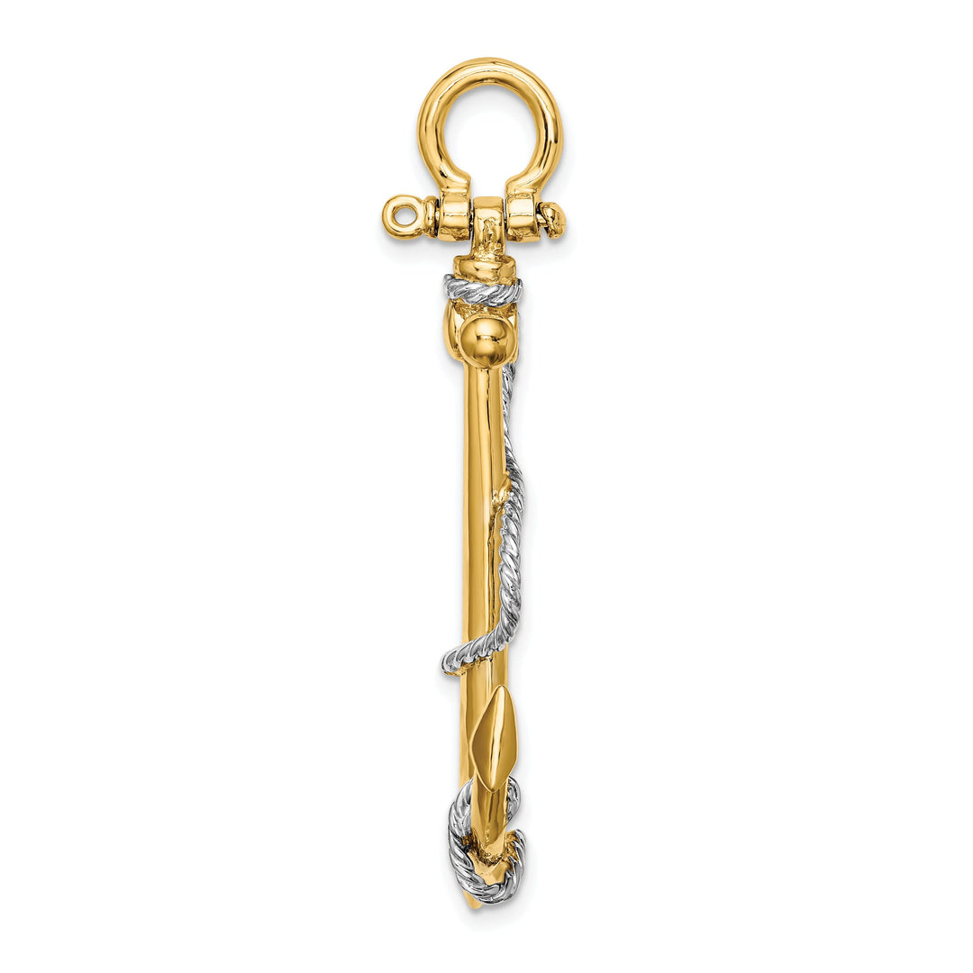 14K Two Tone Gold 3-Dimensional Textured Polished Finish Anchor with white Rope design and Shackle Bail Large Charm Pendant