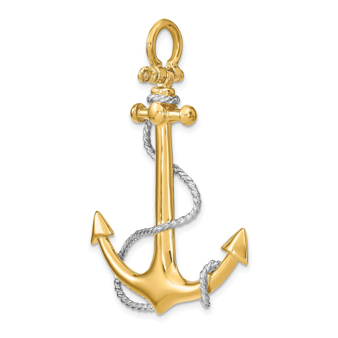 14K Two Tone Gold 3-Dimensional Textured Polished Finish Anchor with white Rope design and Shackle Bail Large Charm Pendant