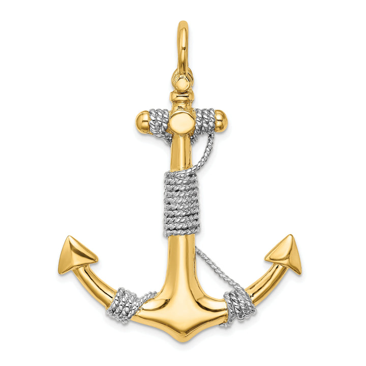 14K Two Tone Gold 3-Dimensional Polished Finish Wrapped Rope Design Large Anchor Charm Pendant