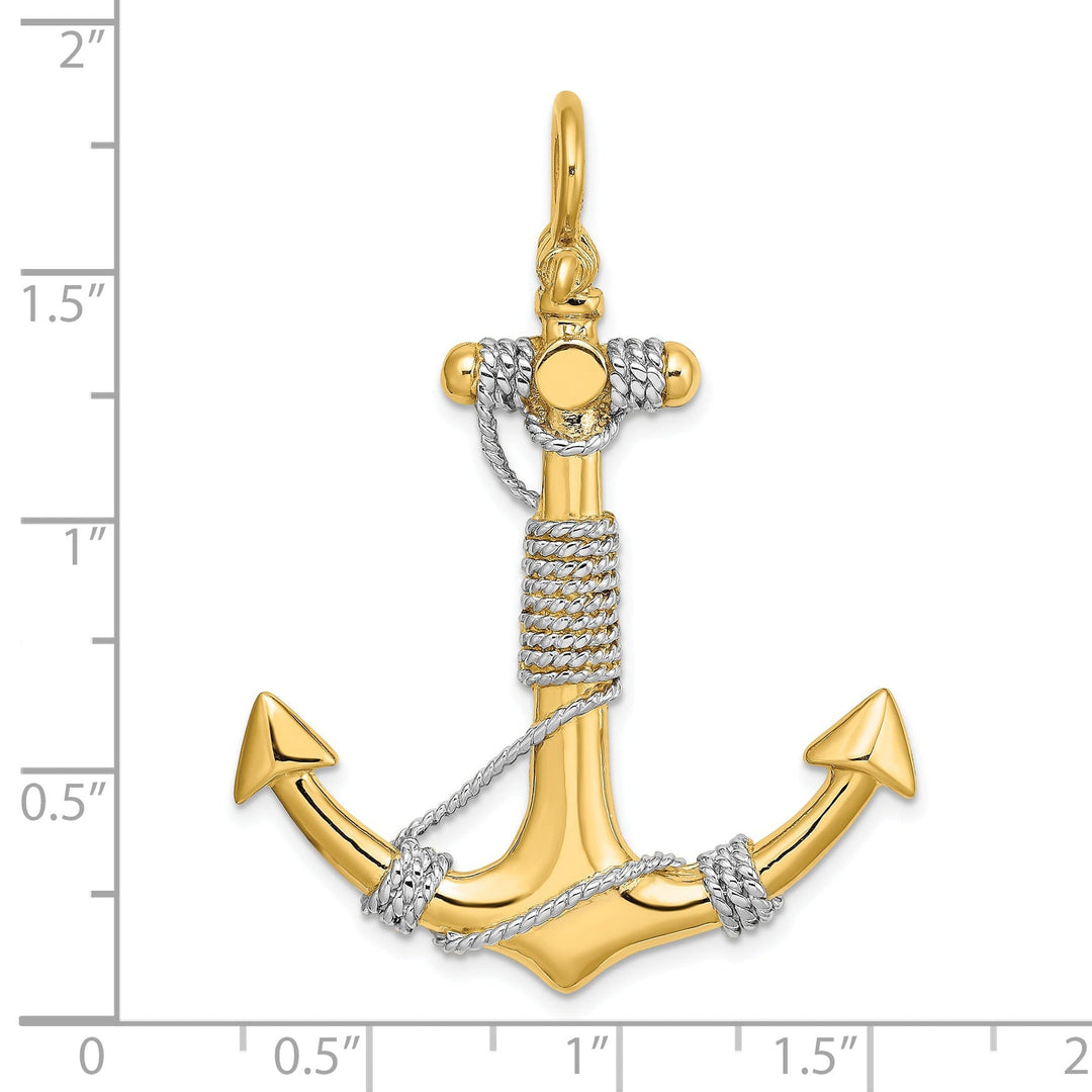 14K Two Tone Gold 3-Dimensional Polished Finish Wrapped Rope Design Large Anchor Charm Pendant