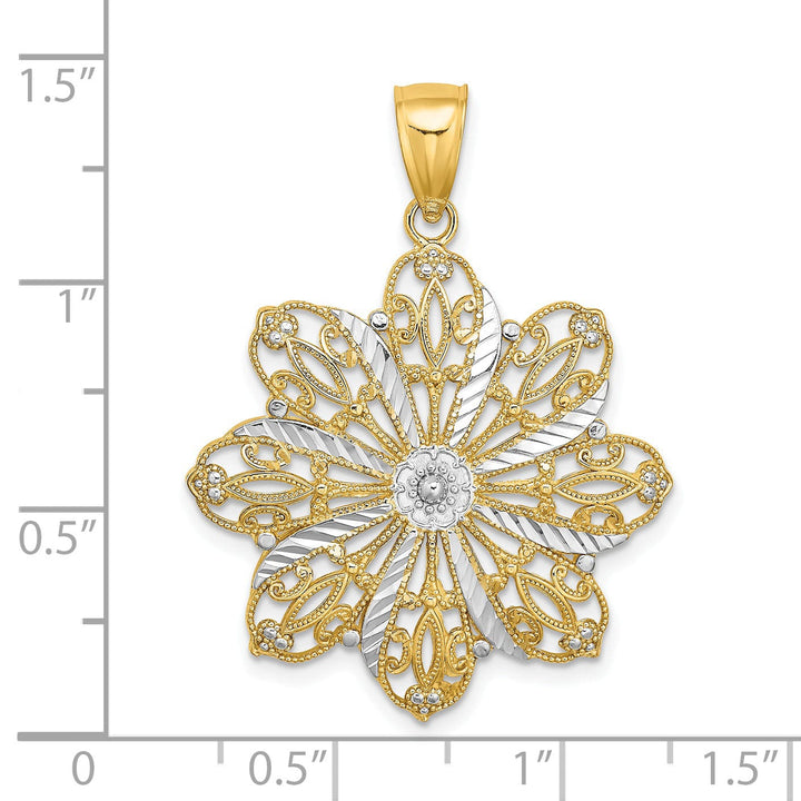 14K Two-tone Gold Open Back Solid Polished Finish Diamond-cut Flower Charm Pendant