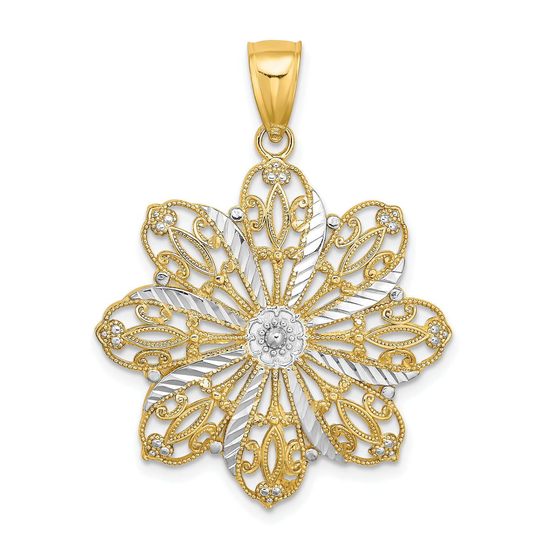 14K Two-tone Gold Open Back Solid Polished Finish Diamond-cut Flower Charm Pendant
