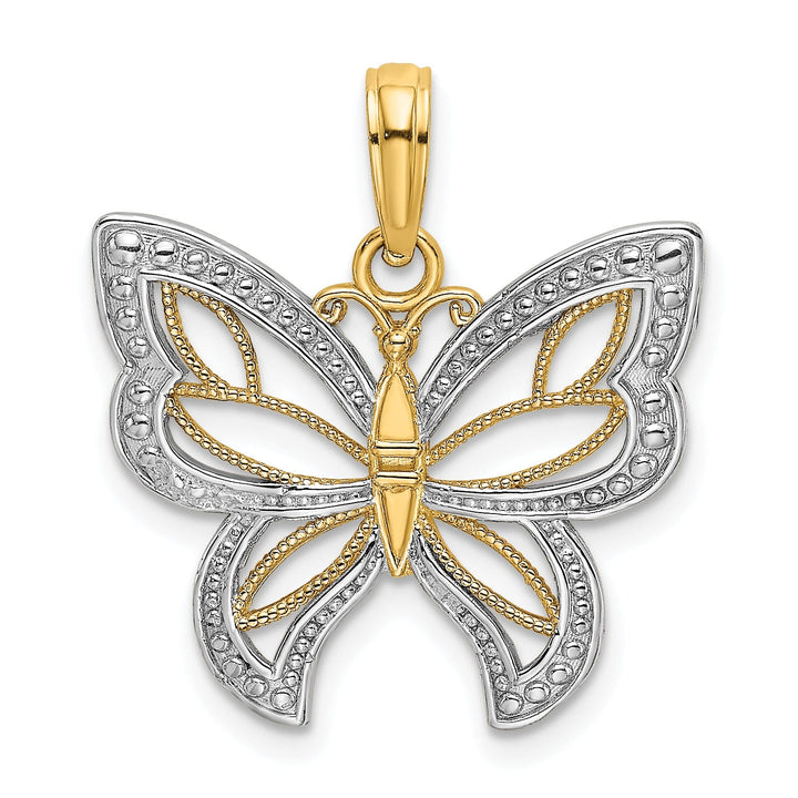 14k Two-tone Gold Solid Open Back Polished Finish Butterfly Beaded Wings Charm Pendant