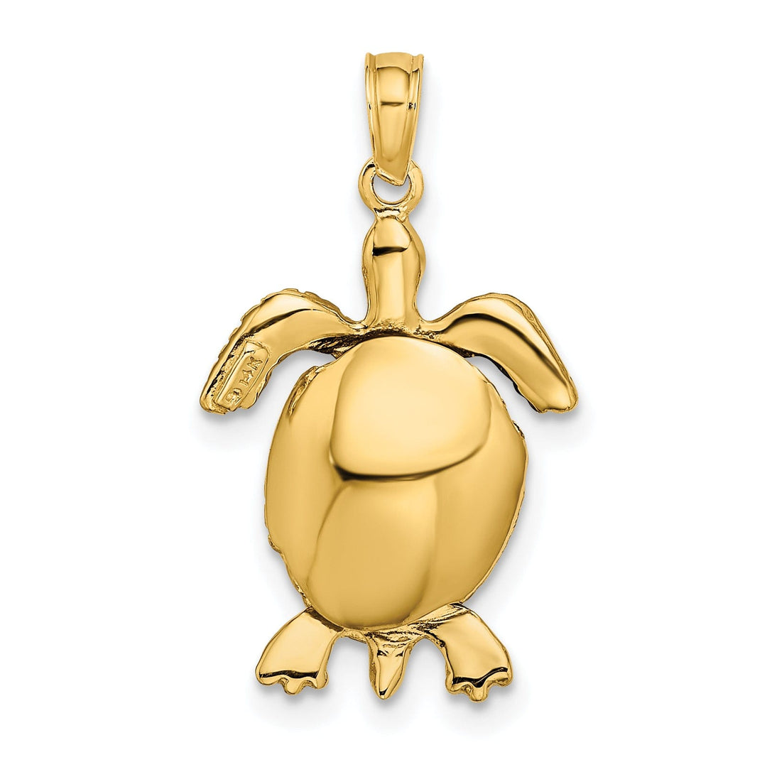 14k Yellow Gold with White Rhodium Casted Solid Polished and Textured Finish 3D Moveable Sea Turtle Charm Pendant