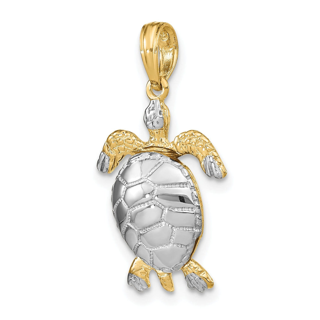 14k Yellow Gold with White Rhodium Casted Solid Polished and Textured Finish 3D Moveable Sea Turtle Charm Pendant