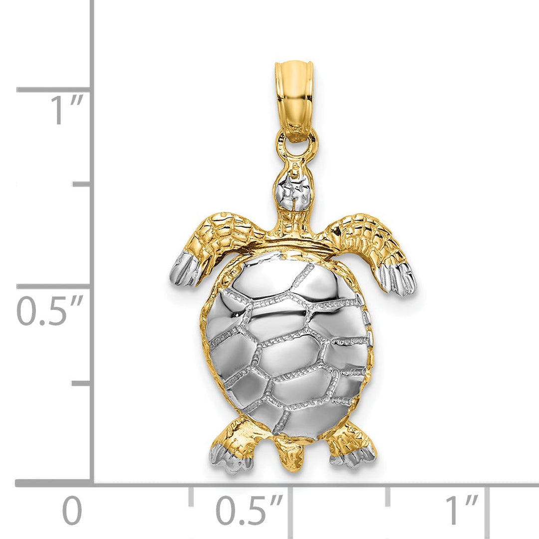 14k Yellow Gold with White Rhodium Casted Solid Polished and Textured Finish 3D Moveable Sea Turtle Charm Pendant