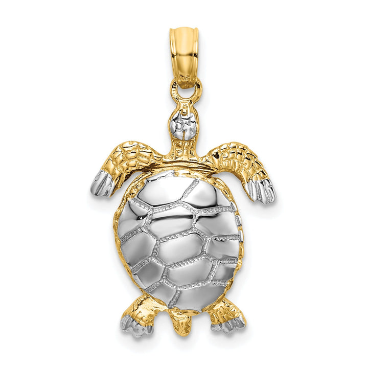 14k Yellow Gold with White Rhodium Casted Solid Polished and Textured Finish 3D Moveable Sea Turtle Charm Pendant