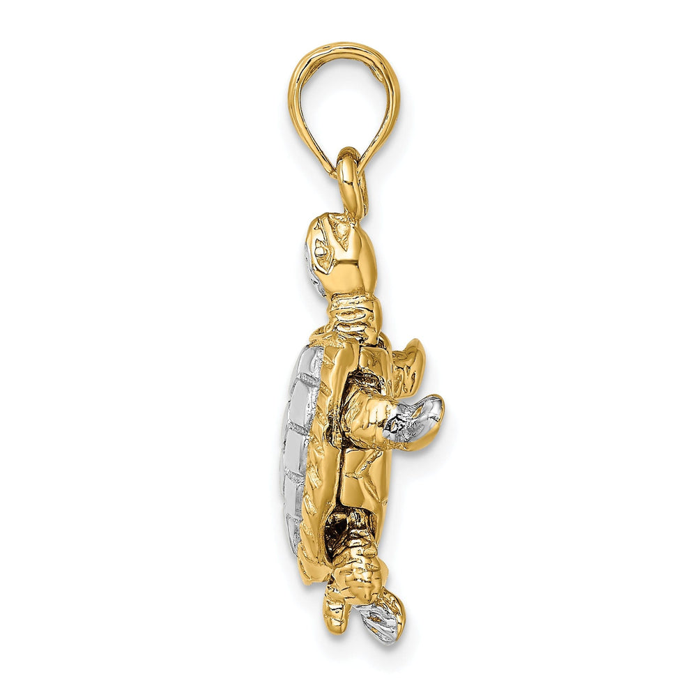 14k Yellow Gold with White Rhodium Solid Casted Textured and Polished Finish 3D Land Turtle with Moveable Head Charm Pendant