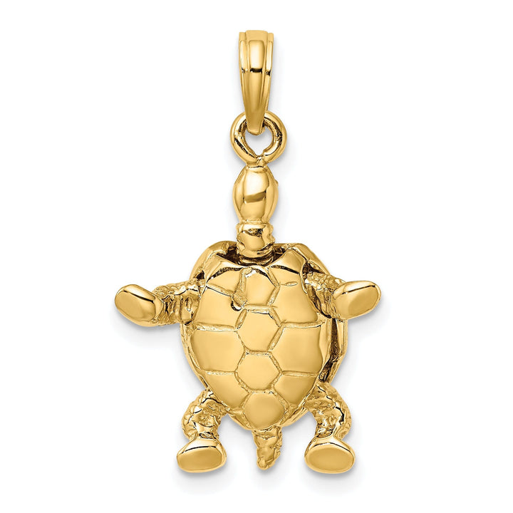 14k Yellow Gold with White Rhodium Solid Casted Textured and Polished Finish 3D Land Turtle with Moveable Head Charm Pendant