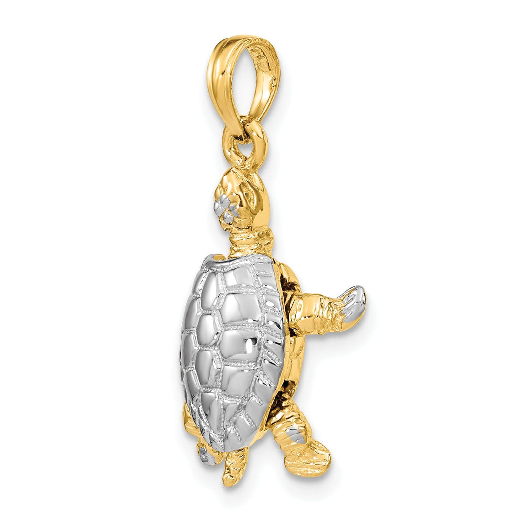 14k Yellow Gold with White Rhodium Solid Casted Textured and Polished Finish 3D Land Turtle with Moveable Head Charm Pendant