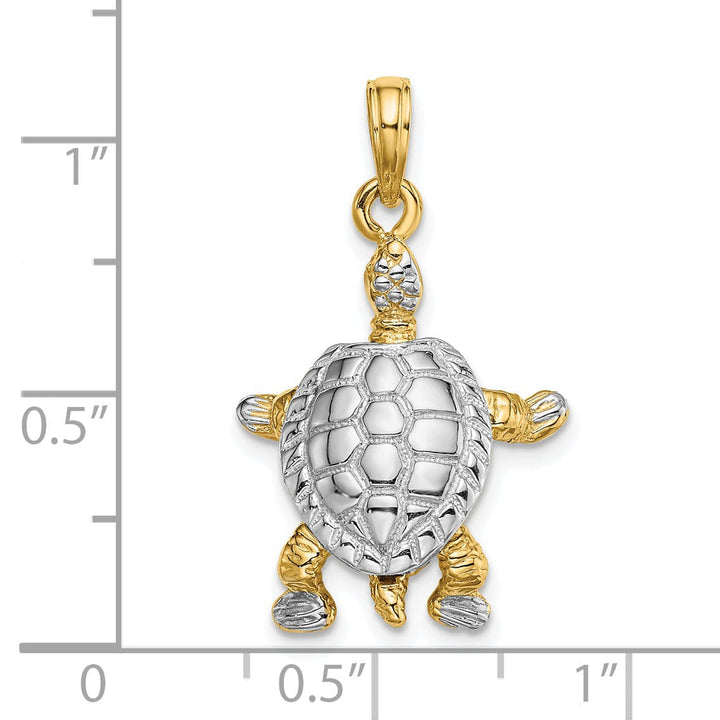 14k Yellow Gold with White Rhodium Solid Casted Textured and Polished Finish 3D Land Turtle with Moveable Head Charm Pendant
