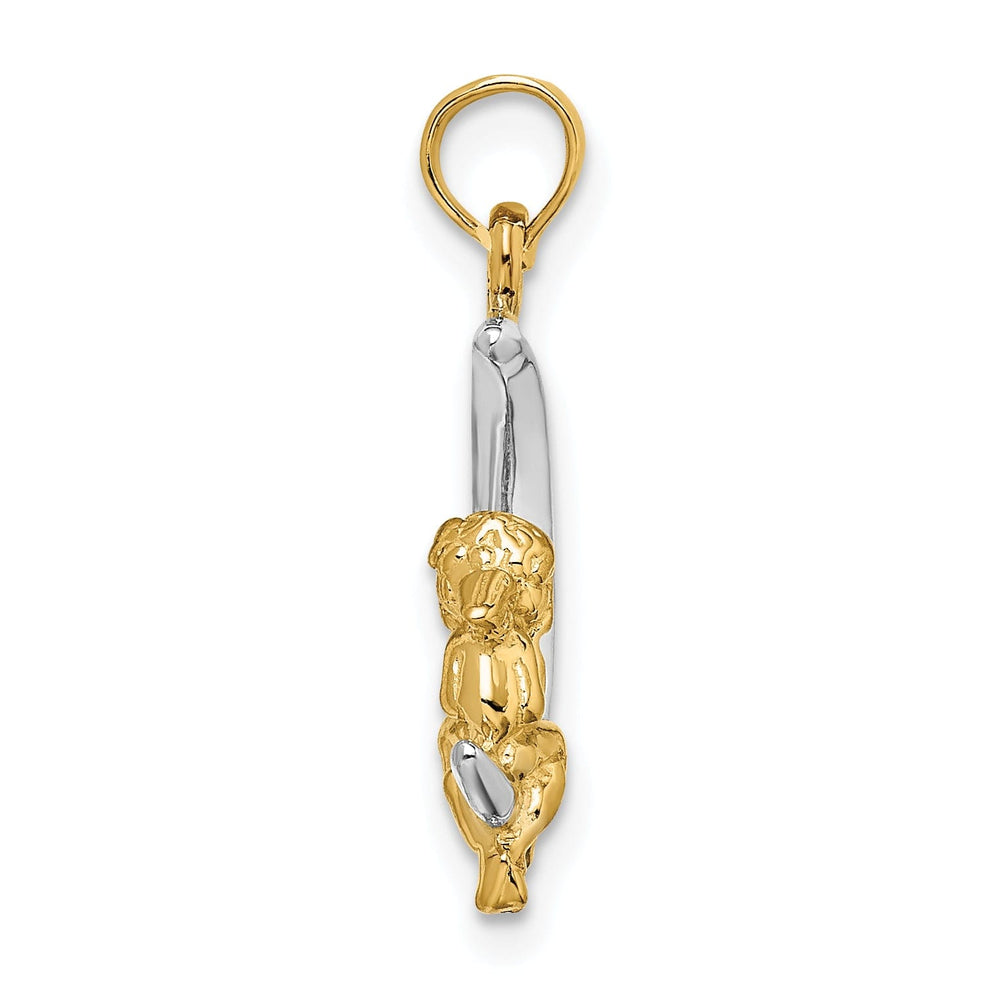 14K Yellow Gold White Rhodium Polished Finish 3-Diamentional Angel Sitting on the Moon Charm Pendant