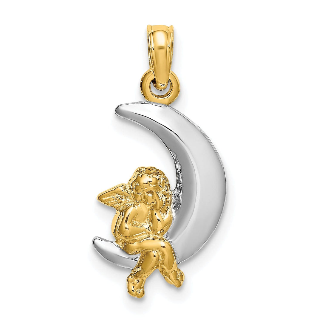 14K Yellow Gold White Rhodium Polished Finish 3-Diamentional Angel Sitting on the Moon Charm Pendant