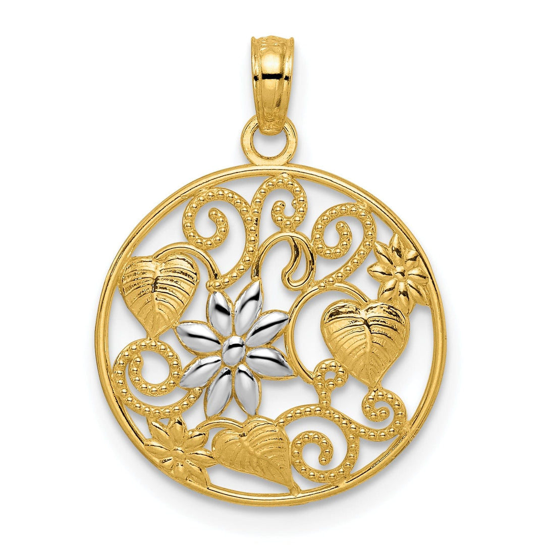 14K Yellow Gold White Rhodium Textured Solid Polished Finish Leaves Vines Flower Circle Charm Pendant